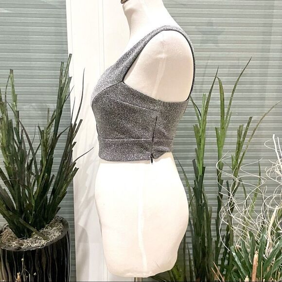 Express Black & Silver Glitter Cut Out Crop Top - Picture 4 of 8